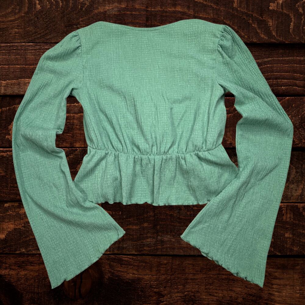 Urban Outfitters Lucielle Ruffle Tie-Front Peplum Blouse Top Green Size Small - Picture 3 of 8